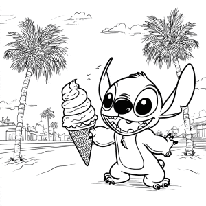 Stitch disfrutando de un helado gigante en la playa – Página para colorear imprimible