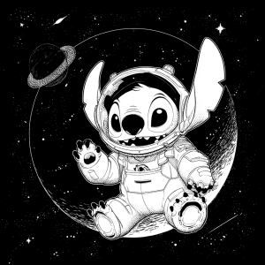 Stitch astronauta en una aventura espacial – Página para colorear imprimible