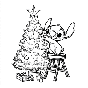 Stitch decorando un árbol de Navidad – Página para colorear imprimible