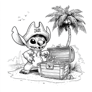 Stitch en una aventura pirata con tesoro – Página para colorear imprimible
